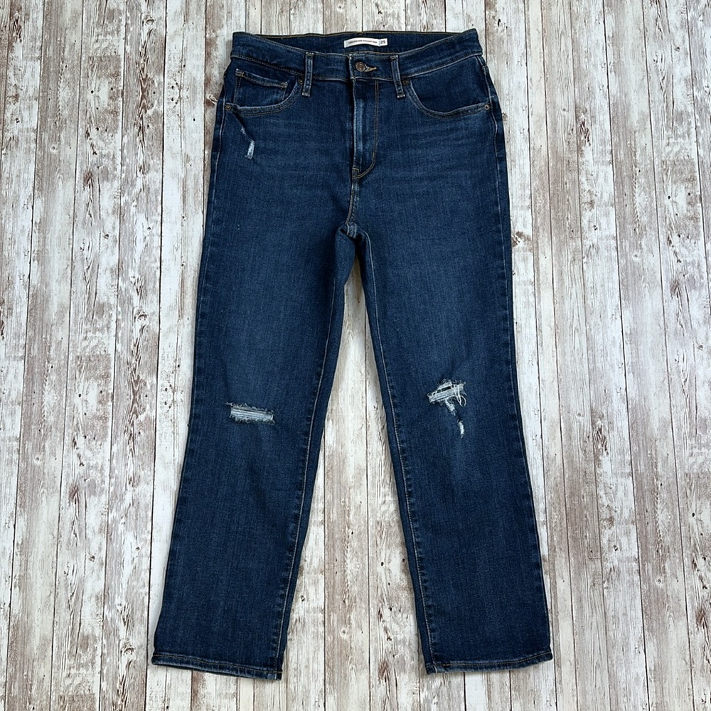 Levi's Women's 724 High Rise Straight Crop Jeans sz 29 Blue Stretch Distressed